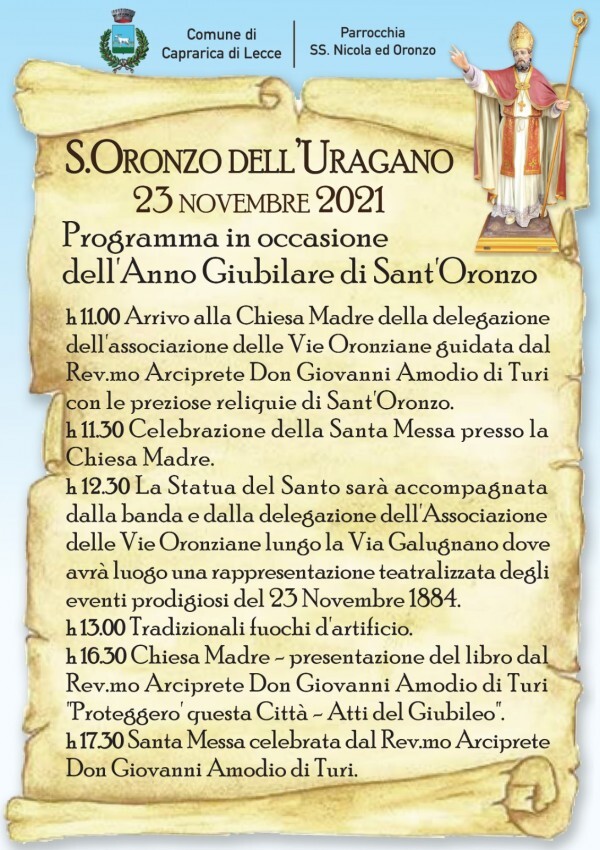 Caprarica accoglie la reliquia di SantOronzo. Programma dei festeggiamenti. 1