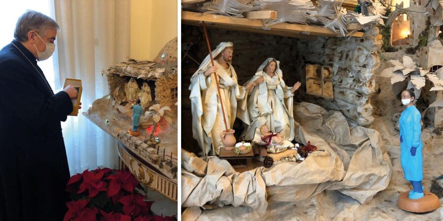 La statuetta dell'infermiera nel presepe di Seccia. Dono di Coldiretti e  Confartigianato